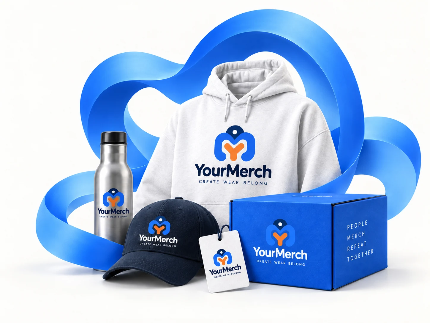 YourMerch hoodie, cap, bottle, hang tag and shipping box wrapped by a flowing blue brand ribbon